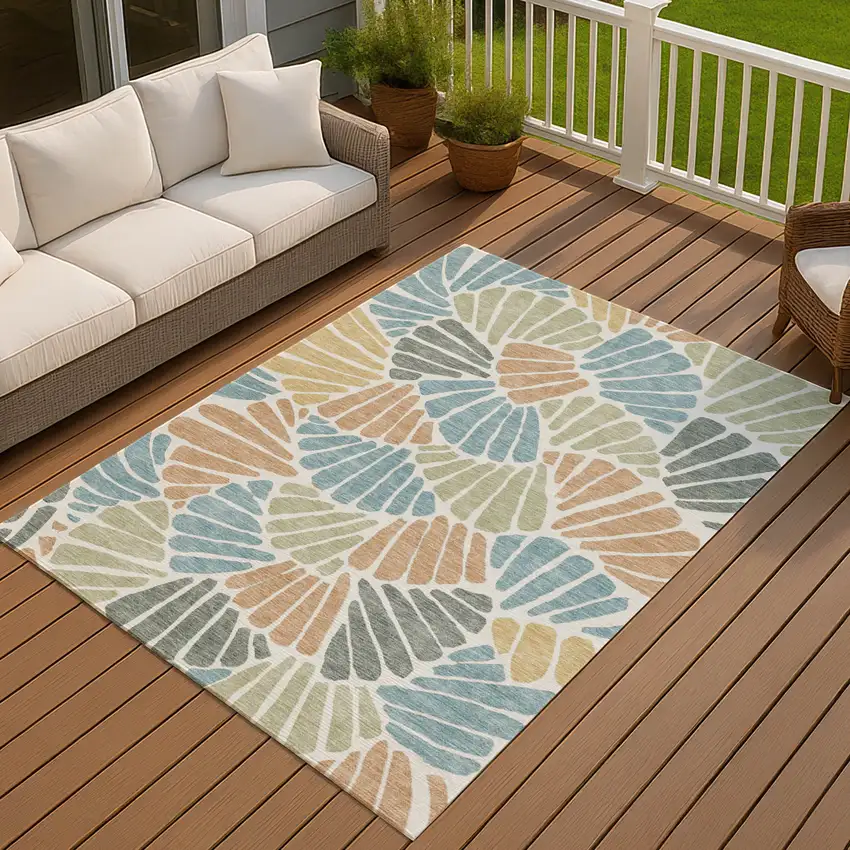 Pale Aqua Copper And Gold Floral Washable Indoor Outdoor Area Rug Photo 4