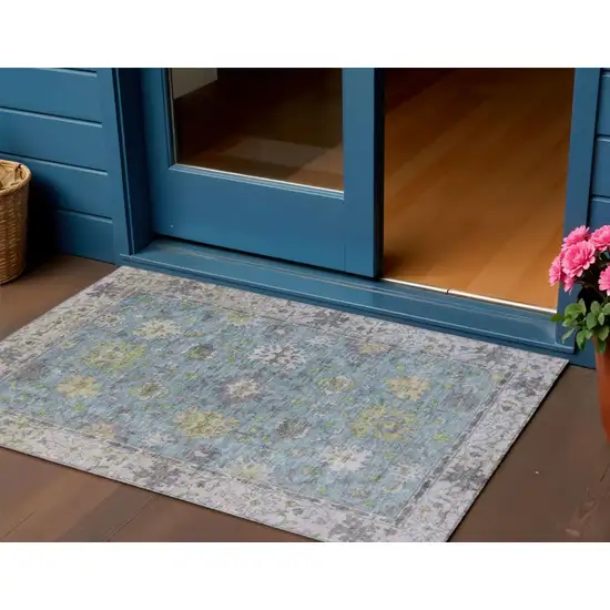 Pale Aqua Gold And Gray Floral Washable Indoor Outdoor Area Rug Photo 2