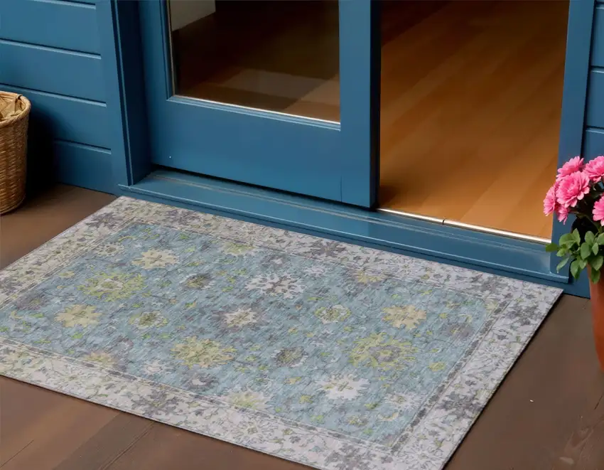 Pale Aqua Gold And Gray Floral Washable Indoor Outdoor Area Rug Photo 2