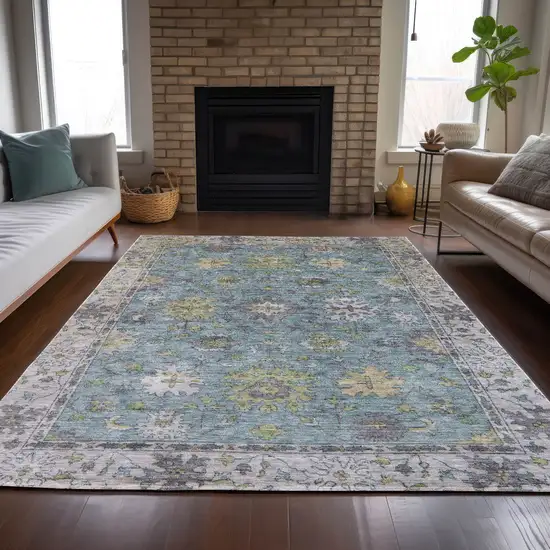 Pale Aqua Gold And Gray Floral Washable Indoor Outdoor Area Rug Photo 7