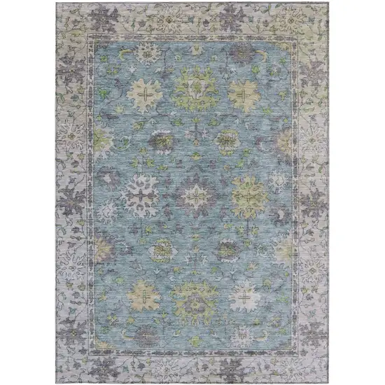 Pale Aqua Gold And Gray Floral Washable Indoor Outdoor Area Rug Photo 3