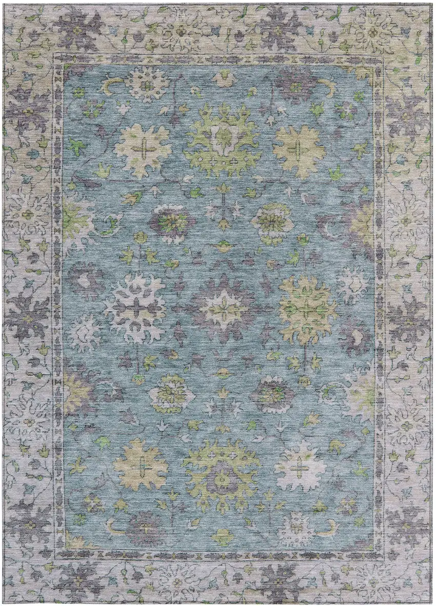 Pale Aqua Gold And Gray Floral Washable Indoor Outdoor Area Rug Photo 3