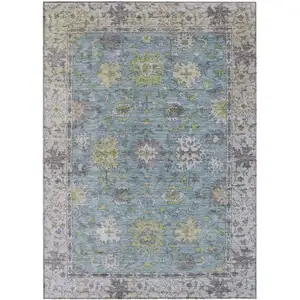 Photo of Pale Aqua Gold And Gray Floral Washable Indoor Outdoor Area Rug