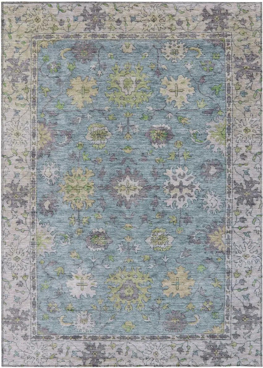 Pale Aqua Gold And Gray Floral Washable Indoor Outdoor Area Rug Photo 1