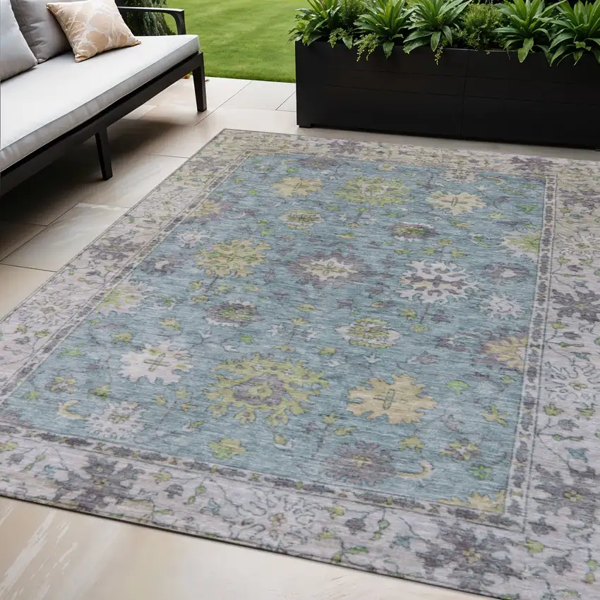 Pale Aqua Gold And Gray Floral Washable Indoor Outdoor Area Rug Photo 2