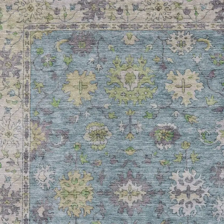Pale Aqua Gold And Gray Floral Washable Indoor Outdoor Area Rug Photo 4