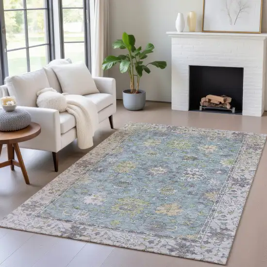 Pale Aqua Gold And Gray Floral Washable Indoor Outdoor Area Rug Photo 6