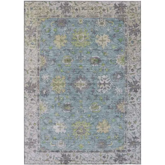 Pale Aqua Gold And Gray Floral Washable Indoor Outdoor Area Rug Photo 1