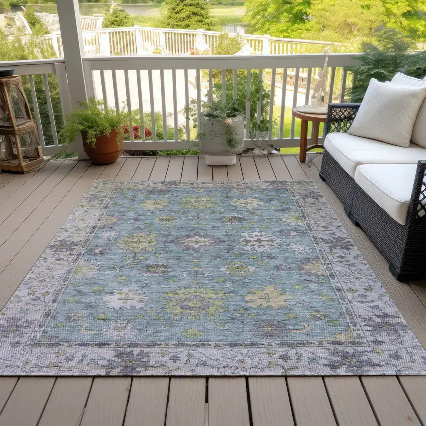 Pale Aqua Gold And Gray Floral Washable Indoor Outdoor Area Rug Photo 8