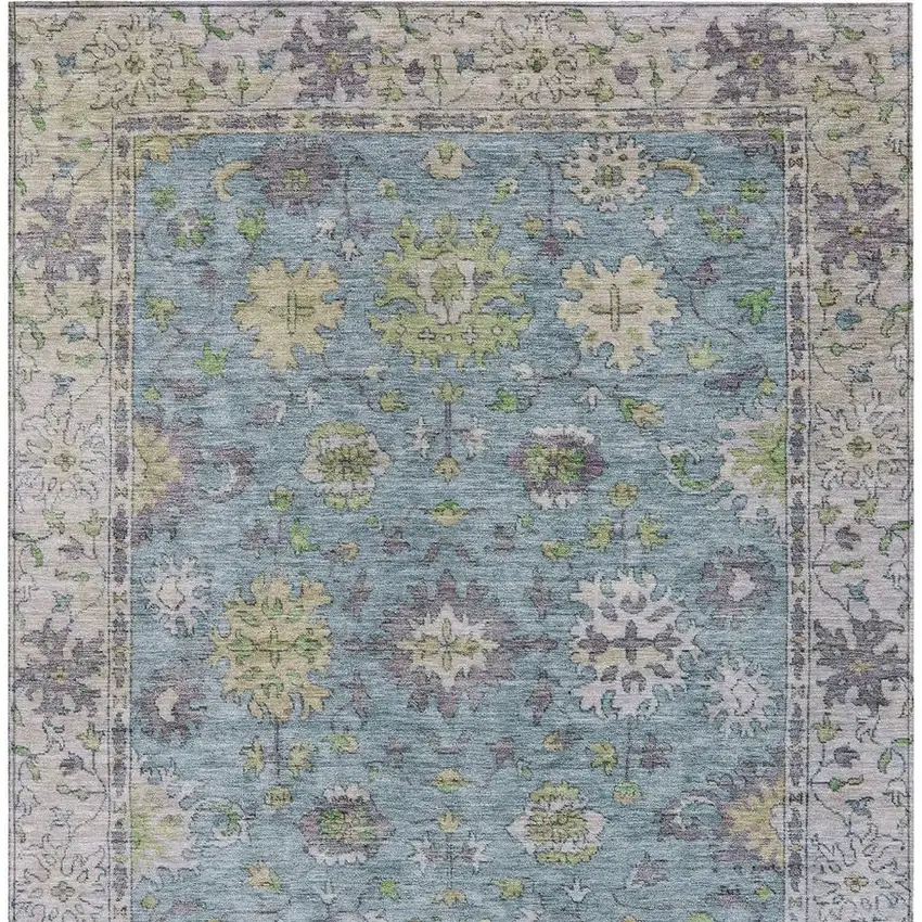 Pale Aqua Gold And Gray Floral Washable Indoor Outdoor Area Rug Photo 9