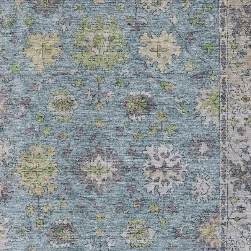 Pale Aqua Gold And Gray Floral Washable Indoor Outdoor Area Rug Photo 3