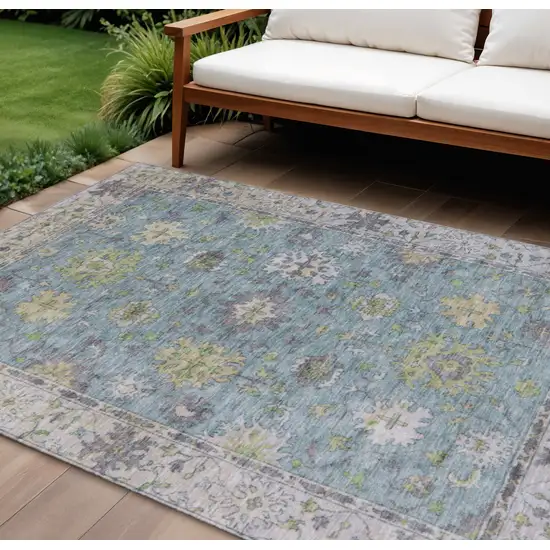 Pale Aqua Gold And Gray Floral Washable Indoor Outdoor Area Rug Photo 2
