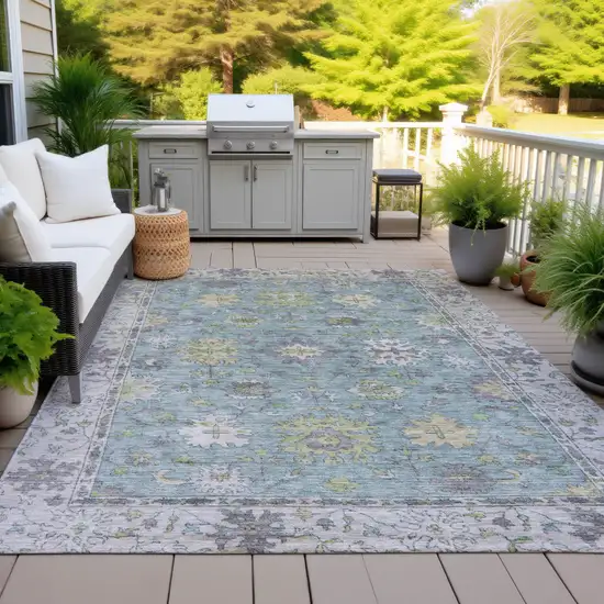 Pale Aqua Gold And Gray Floral Washable Indoor Outdoor Area Rug Photo 5