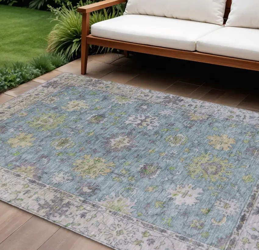 Pale Aqua Gold And Gray Floral Washable Indoor Outdoor Area Rug Photo 2