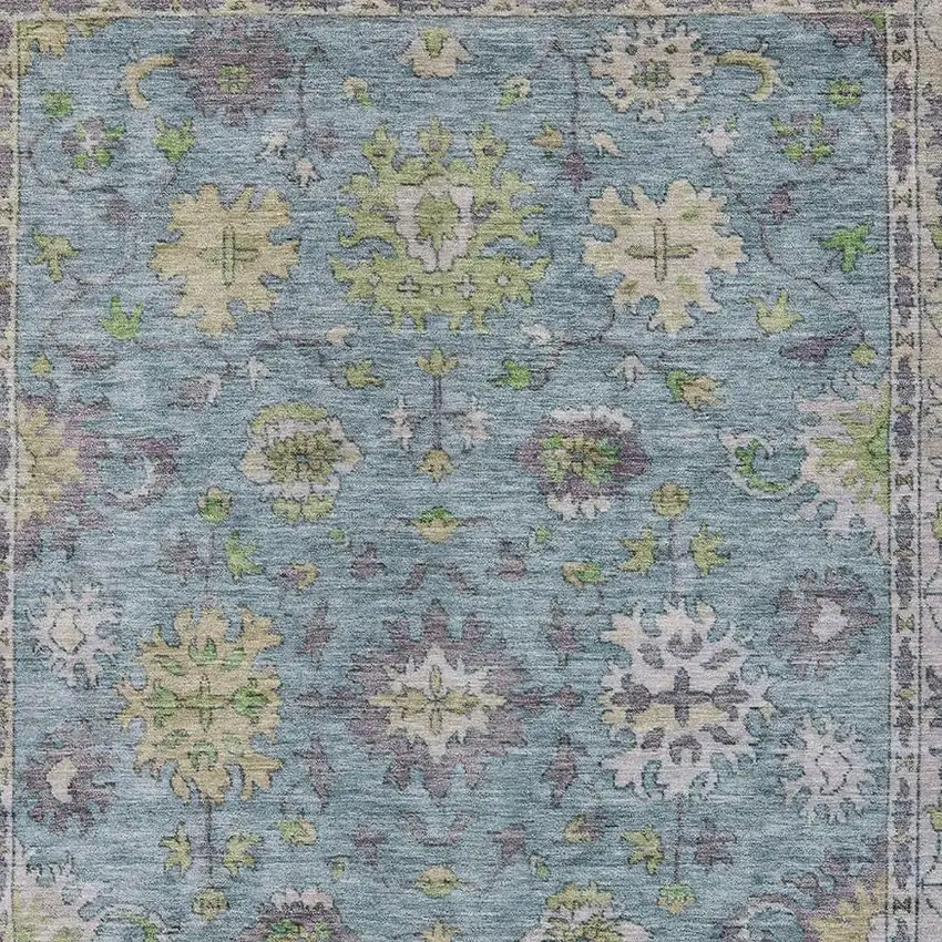 Pale Aqua Gold And Gray Floral Washable Indoor Outdoor Area Rug Photo 4