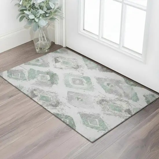 Pale Aqua Gray And Ivory Abstract Geometric Washable Area Rug With UV Protection Photo 2
