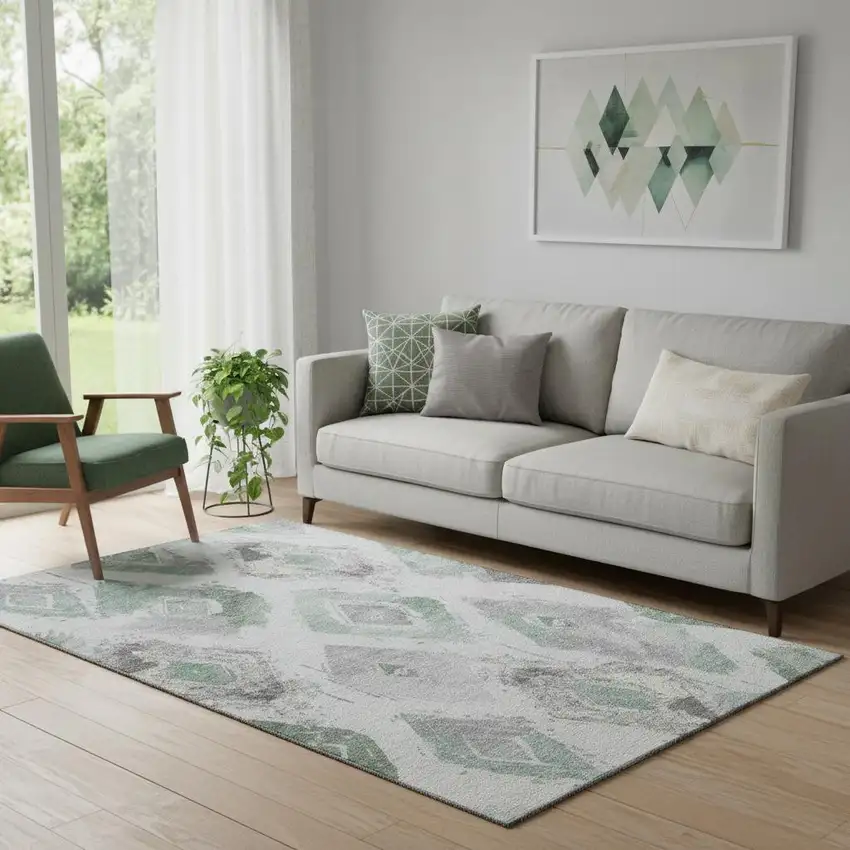 Pale Aqua Gray And Ivory Abstract Geometric Washable Area Rug With UV Protection Photo 2