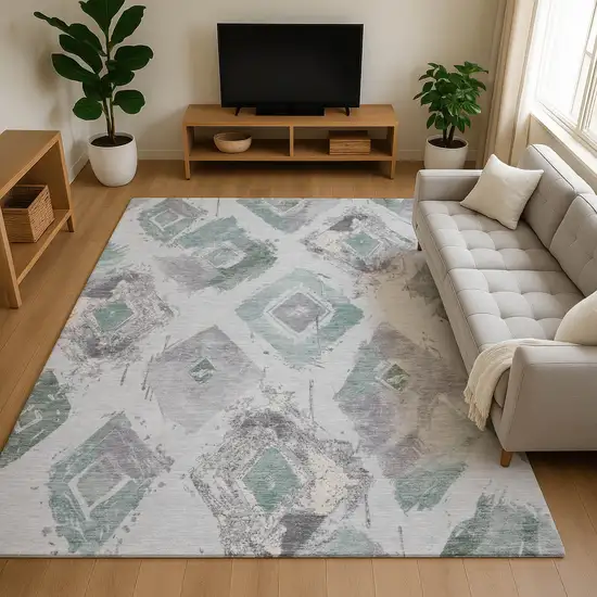 Pale Aqua Gray And Ivory Abstract Geometric Washable Area Rug With UV Protection Photo 4