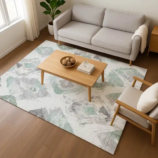 Pale Aqua Gray And Ivory Abstract Geometric Washable Area Rug With UV Protection Photo 4