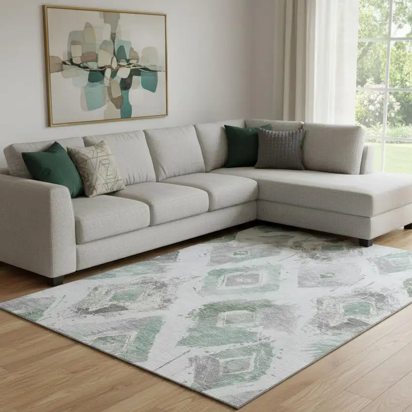 Pale Aqua Gray And Ivory Abstract Geometric Washable Area Rug With UV Protection Photo 2
