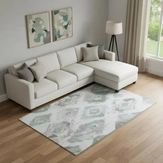 Pale Aqua Gray And Ivory Abstract Geometric Washable Area Rug With UV Protection Photo 2