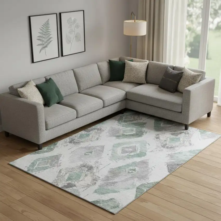 Pale Aqua Gray And Ivory Abstract Geometric Washable Area Rug With UV Protection Photo 2