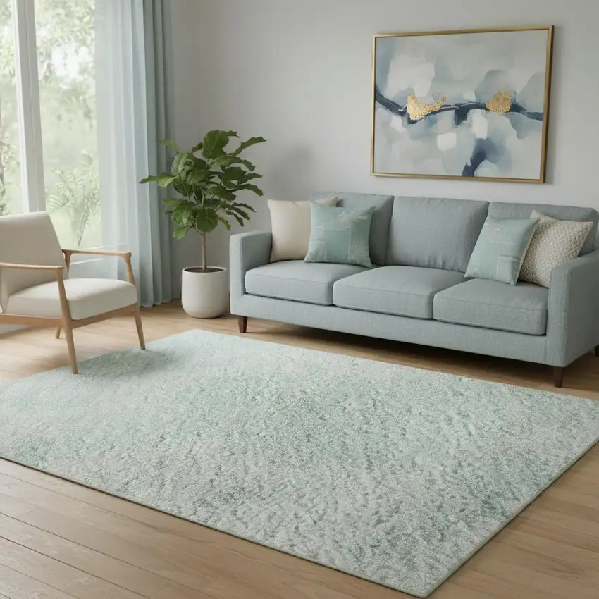 Pale Aqua Gray And Ivory Abstract Washable Area Rug With UV Protection Photo 2