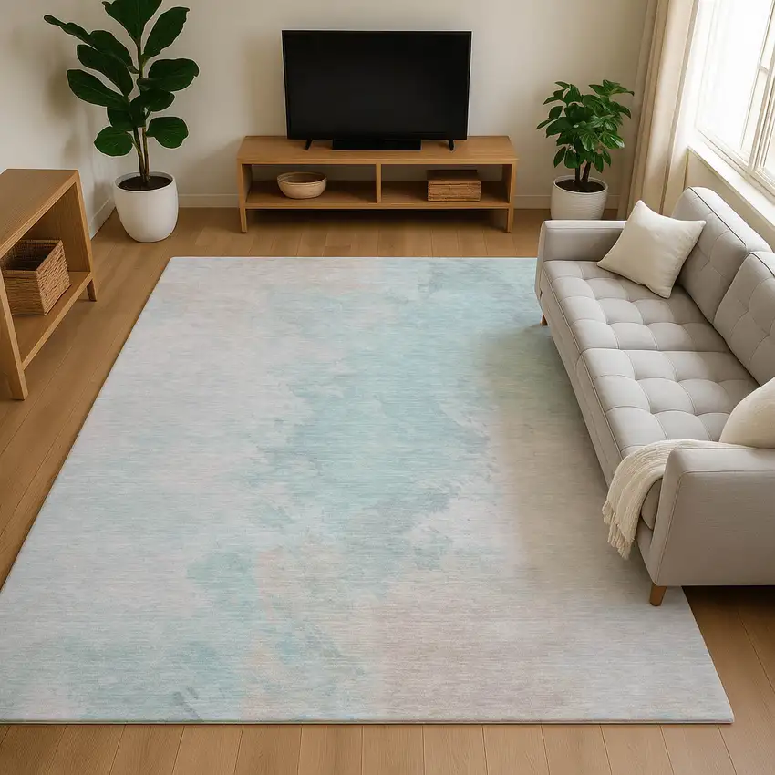 Pale Aqua Gray And Ivory Abstract Washable Area Rug With UV Protection Photo 3