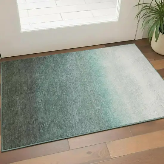 Pale Aqua Gray And Ivory Ombre Washable Area Rug With UV Protection Photo 2