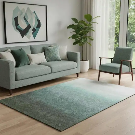 Pale Aqua Gray And Ivory Ombre Washable Area Rug With UV Protection Photo 2