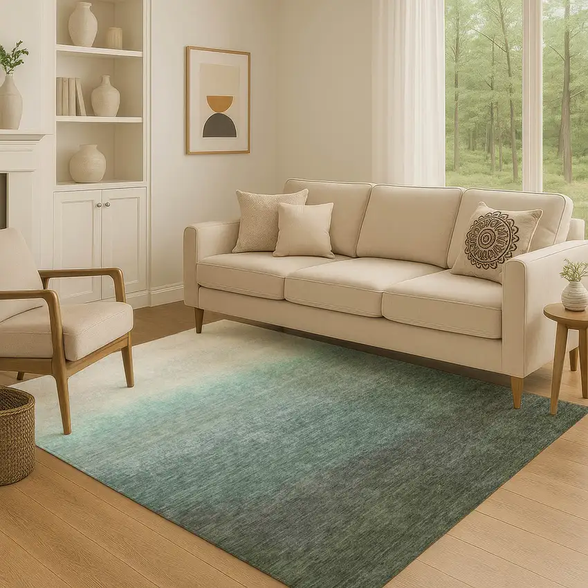 Pale Aqua Gray And Ivory Ombre Washable Area Rug With UV Protection Photo 5