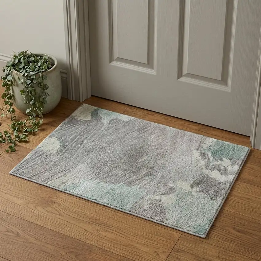 Pale Aqua Gray And Silver Abstract Washable Area Rug With UV Protection Photo 1