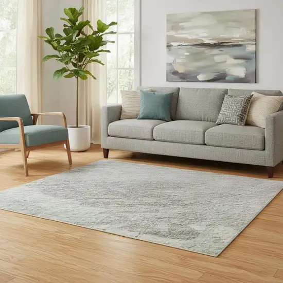 Pale Aqua Gray And Silver Abstract Washable Area Rug With UV Protection Photo 2