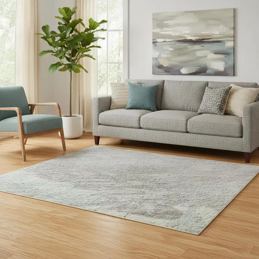 Pale Aqua Gray And Silver Abstract Washable Area Rug With UV Protection Photo 2