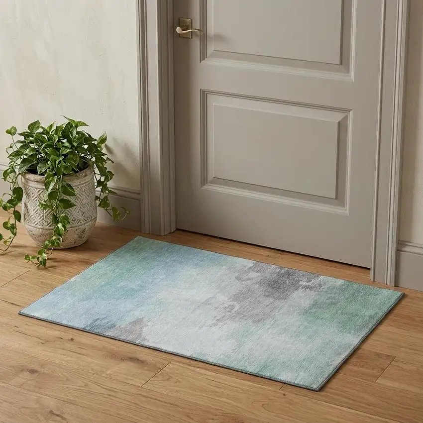 Pale Aqua Gray And Silver Abstract Washable Area Rug With UV Protection Photo 1