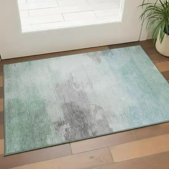 Pale Aqua Gray And Silver Abstract Washable Area Rug With UV Protection Photo 2