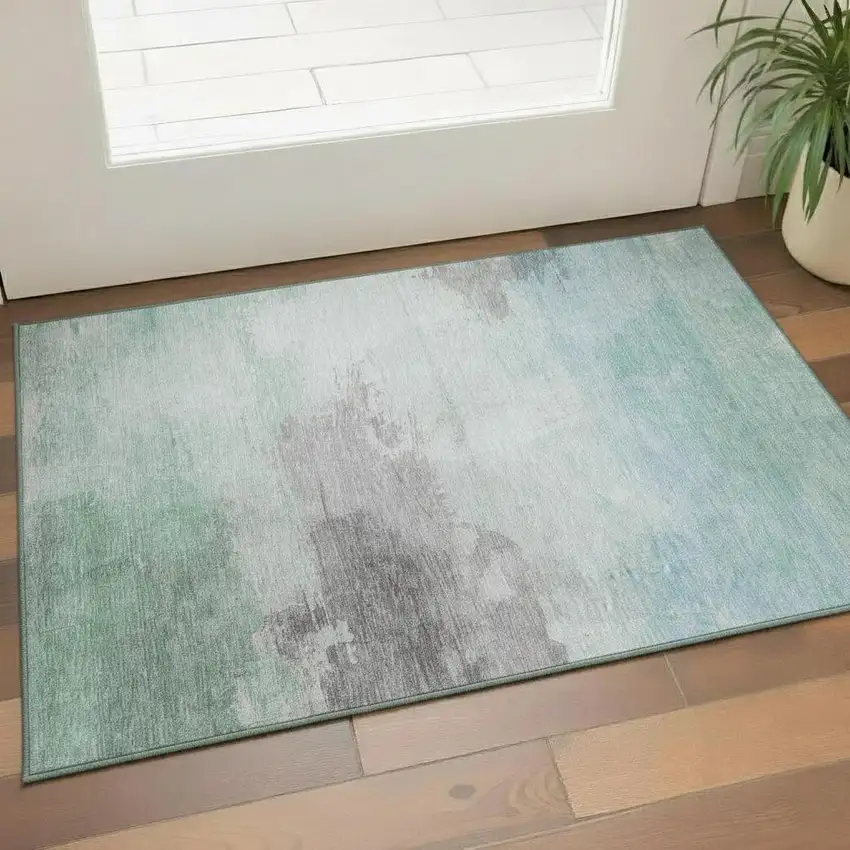 Pale Aqua Gray And Silver Abstract Washable Area Rug With UV Protection Photo 2