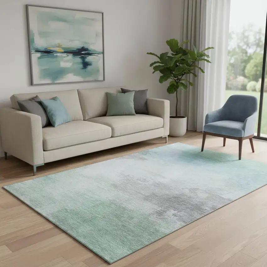 Pale Aqua Gray And Silver Abstract Washable Area Rug With UV Protection Photo 2