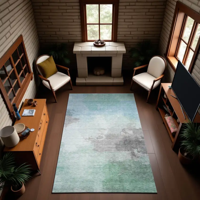 Pale Aqua Gray And Silver Abstract Washable Area Rug With UV Protection Photo 5