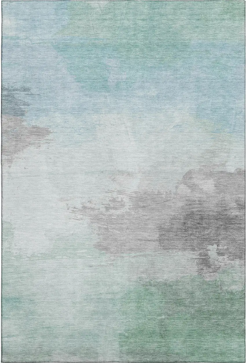 Pale Aqua Gray And Silver Abstract Washable Area Rug With UV Protection Photo 1
