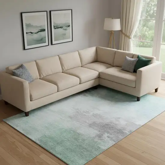 Pale Aqua Gray And Silver Abstract Washable Area Rug With UV Protection Photo 2