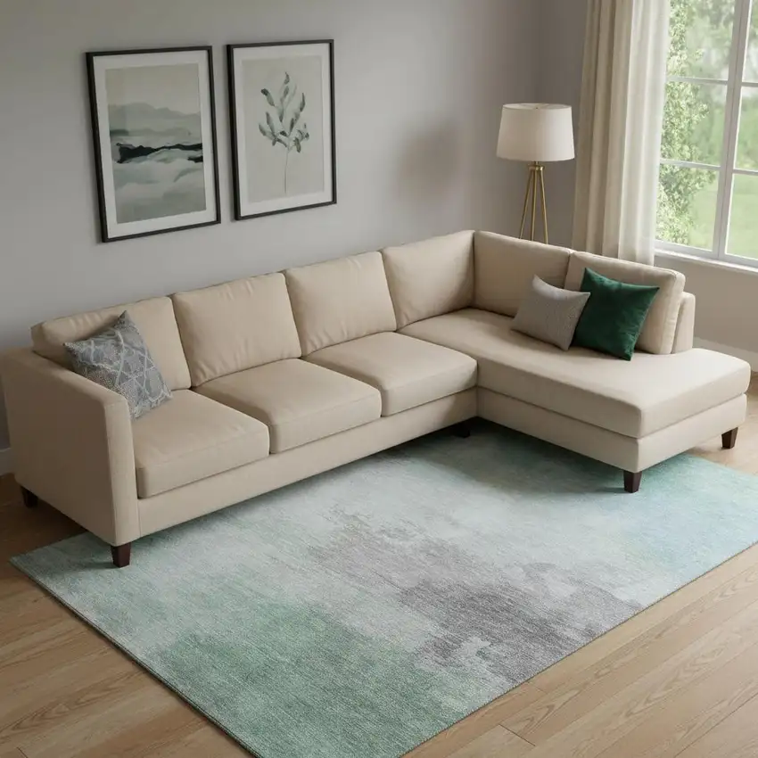 Pale Aqua Gray And Silver Abstract Washable Area Rug With UV Protection Photo 2