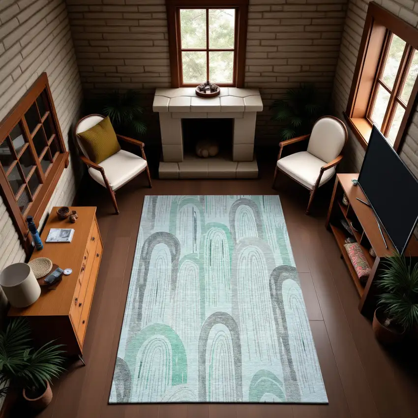 Pale Aqua Gray And Silver Geometric Washable Area Rug With UV Protection Photo 3