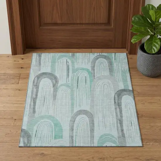 Pale Aqua Gray And Silver Geometric Washable Area Rug With UV Protection Photo 1