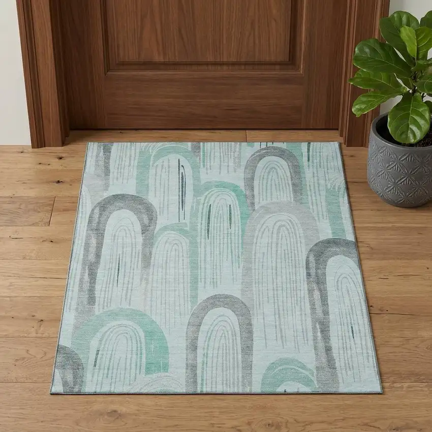 Pale Aqua Gray And Silver Geometric Washable Area Rug With UV Protection Photo 1