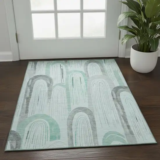 Pale Aqua Gray And Silver Geometric Washable Area Rug With UV Protection Photo 2