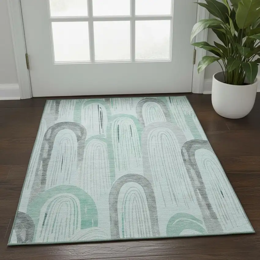 Pale Aqua Gray And Silver Geometric Washable Area Rug With UV Protection Photo 2