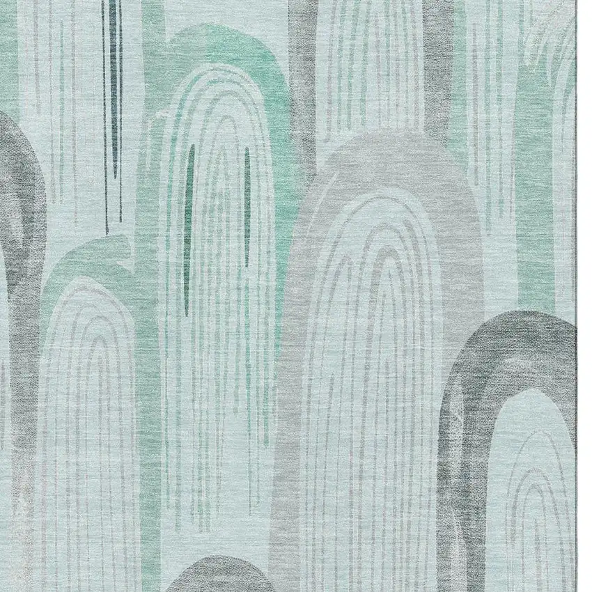 Pale Aqua Gray And Silver Geometric Washable Area Rug With UV Protection Photo 2