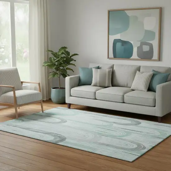 Pale Aqua Gray And Silver Geometric Washable Area Rug With UV Protection Photo 2