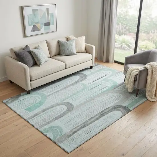 Pale Aqua Gray And Silver Geometric Washable Area Rug With UV Protection Photo 1